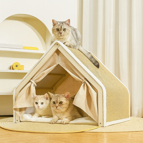 Pet House with Sisal Scratcher, Wood & Linen – NestClaw™