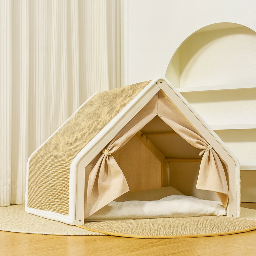 Pet House with Sisal Scratcher, Wood & Linen – NestClaw™