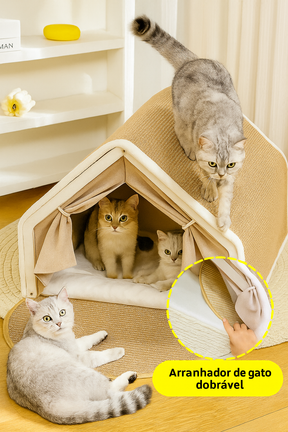 Pet House with Sisal Scratcher, Wood & Linen – NestClaw™